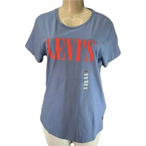 Levi's L Blue Crew Neckline Red Logo Name Graphic Cotton Short Sleeve Tee - Picture 2 of 6
